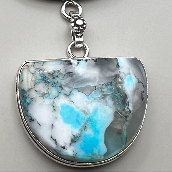New Blue Enhanced Dendritic Opal Stone Silver Overlay Pendant Necklace w Cord - Picture 5 of 9